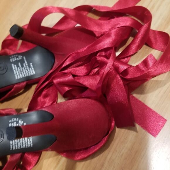 Fioni | Size 6 Vintage Ruby Red Open Toe Lace Up Heels with Circle Gem Detail - Picture 7 of 15